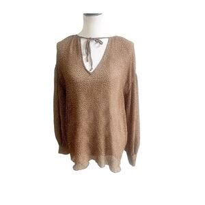 Vince Chiffon Women’s Polka Dot Blouse Size Large Accordion Brown White Sheer